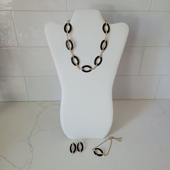 3 Pc Set Black Enamel Gold Tone Link Necklace Set Rhinestone Chunky 16-19" Vtg - Picture 2 of 16